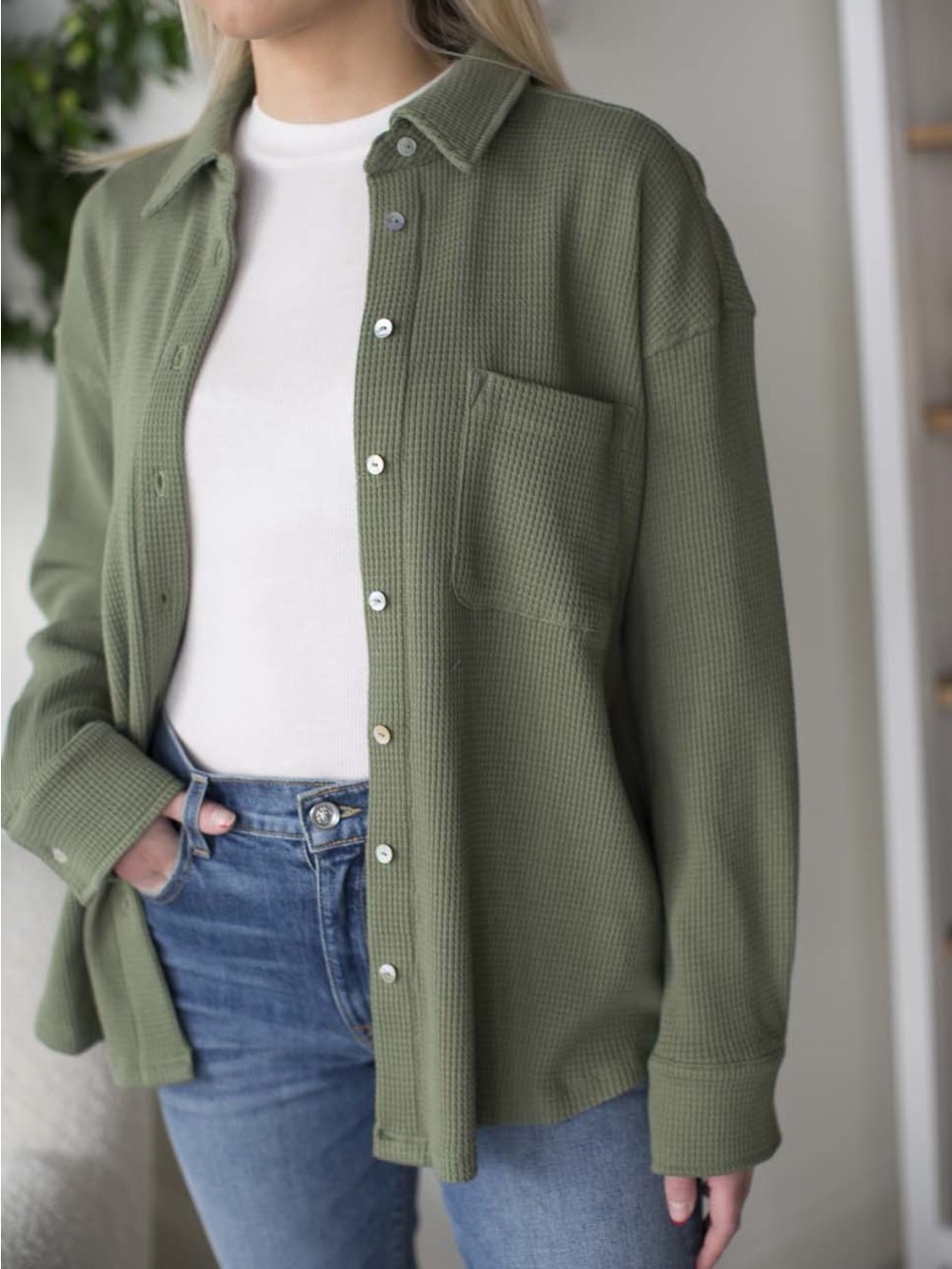 DONNI. NWT thermal waffle button down shirt , XS, sage color